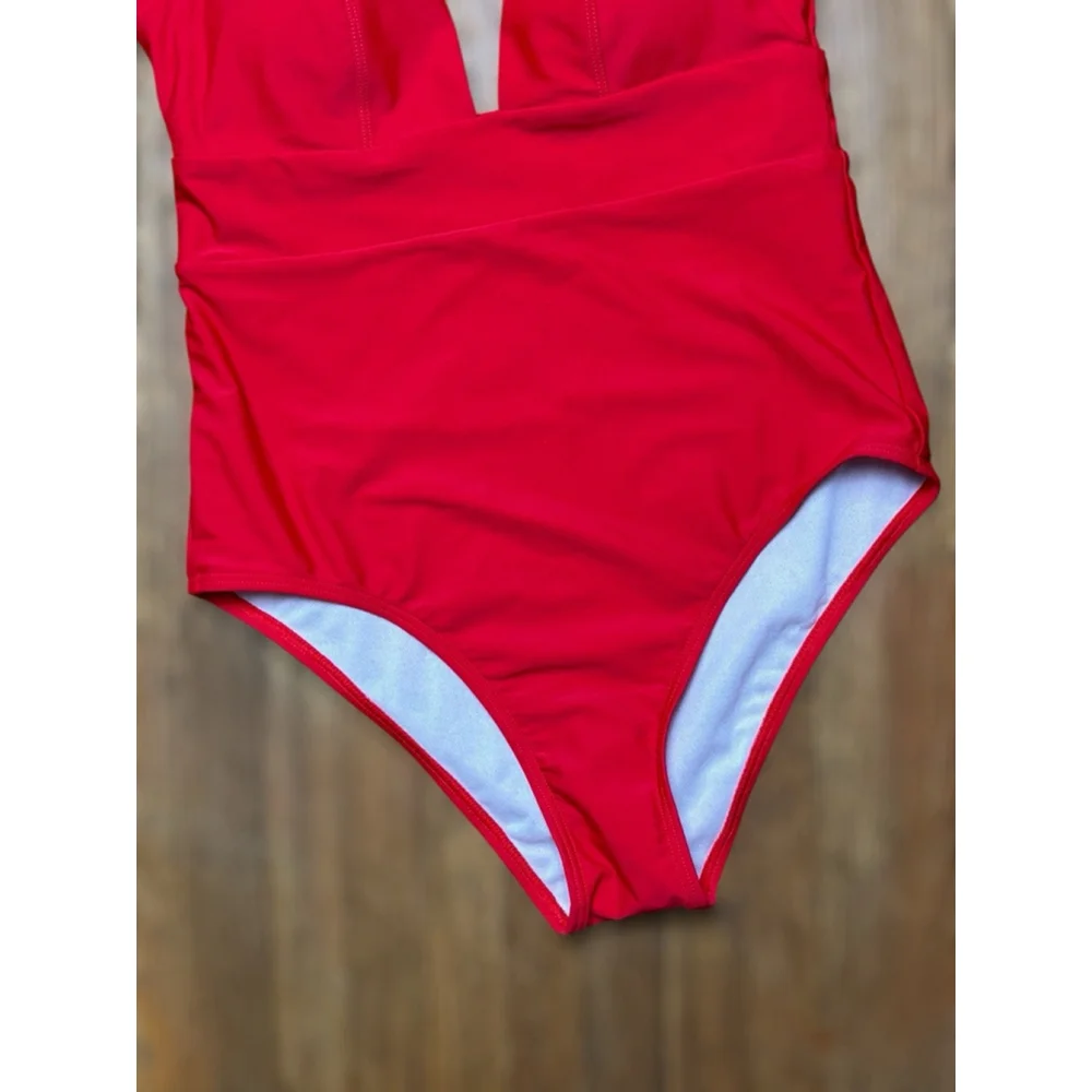 Cocoship Women's Size 6 Solid Red Plunging Neckline High Leg One Piece Swimsuit - Picture 3 of 16